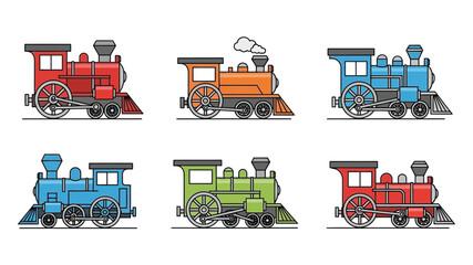 Colorful cartoon illustrations of vintage steam locomotives in various designs © mrs rakhi