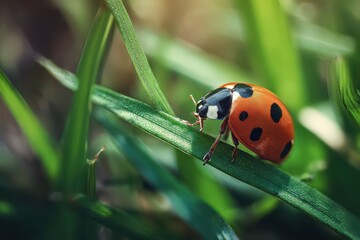 Fototapeta premium Close-up view of a ladybug exploring lush green grass in a vibrant outdoor setting during the sunny afternoon hours showcasing natural beauty and detail