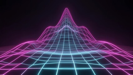 Abstract neon wireframe landscape with glowing pink and blue lines forming a digital mountain range against a dark background, evoking a retro-futuristic aesthetic. - Powered by Adobe
