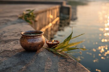 hindu chhath puja prayer moment with burning diya and ceremonial leaves on riverbank at dusk, symbolic ritual composition showing devotion spirituality reflection and traditional indian culture