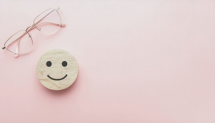 Top-down view of a smiley face cookie and glasses on a pink background conveying mental health positivity.