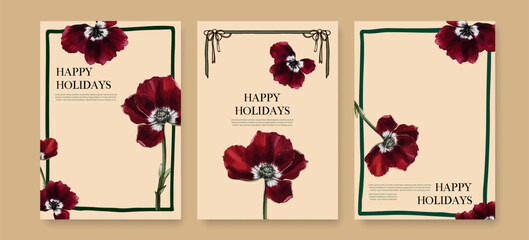 Invitation Set with Red Poppy Flowers Vintage Style. Wedding Party Invitation Template Botanical Design. Holiday Cards, Greeting Vector Illustration