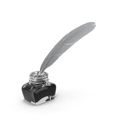 Bright feather quill pen with ink bottle isolated
