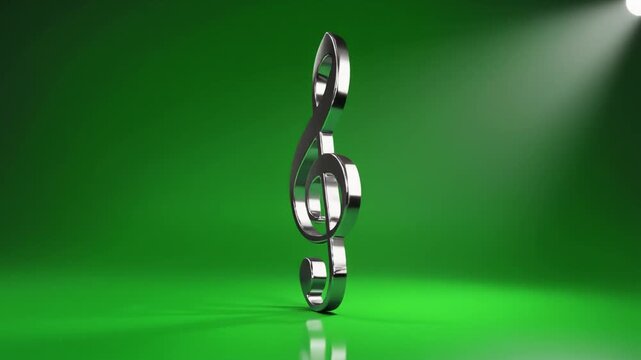 A gleaming silver treble clef, a symbol of music, is illuminated by a spotlight against a vibrant green background, creating a professional and elegant visual