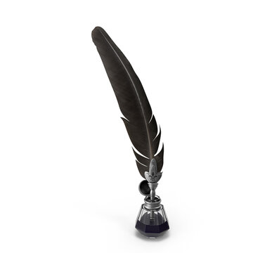 Black feather quill pen with ink bottle isolated