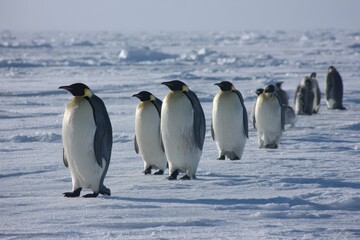 Obraz premium Emperor penguins walking across the sea ice in the Weddell Sea during the Antarctic summer at midday, showcasing their distinctive features and natural behavior