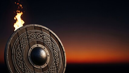 Up Helly Aa Background With Viking Shield and Torch Flames Dramatic Winter Night