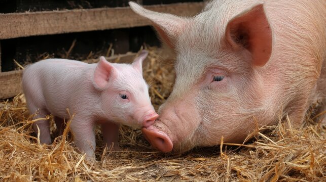 A close-up showcases a mother pig nuzzling her small, pink piglet. Both are in a straw-filled pen, demonstrating maternal affection