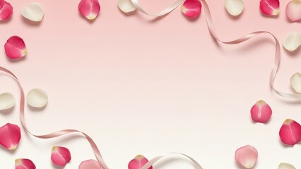 Valentine&rsquo;s Day Background With Rose Petals and Satin Ribbon Curves Soft Romantic Mood
