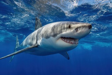 Naklejka premium Great white shark smiling and swimming gracefully in clear blue ocean waters near a coral reef during a sunny afternoon
