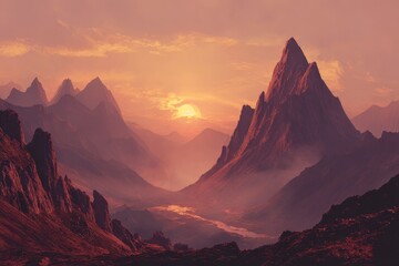 Majestic sunrise casts golden light over towering mountains and tranquil valley at dawn