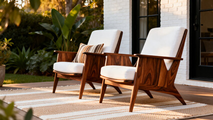 Outdoor patio with mid‑century chairs wooden frames and white cushions on striped rug surrounded by lush green backdrop