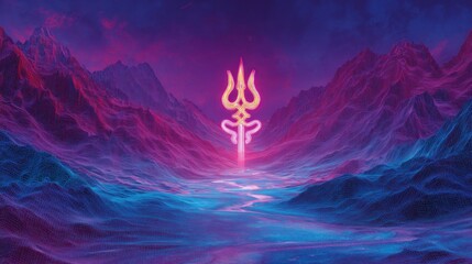 Abstract illustration of a stylized golden object against a vivid mountain landscape