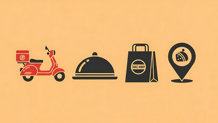 Delivery icons arranged in a row on a vibrant orange background representing food delivery services