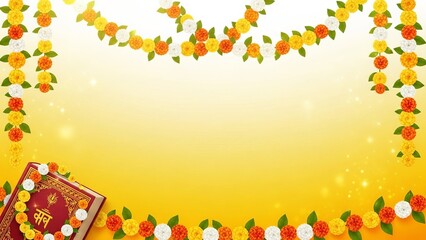 Vasant Panchami Background With Floral Garlands and Sacred Book Ornament for Spring Worship