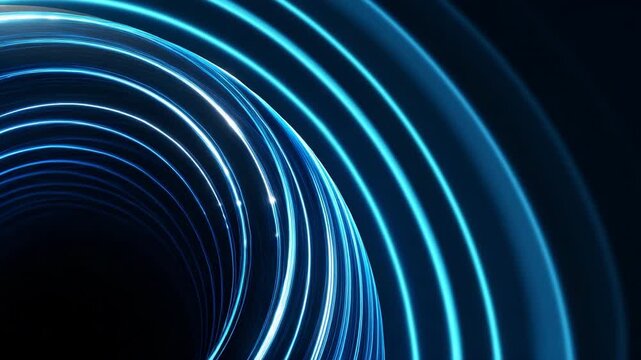 Futuristic blue neon light waves in abstract circular motion