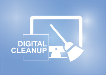 digital cleanup concept with white computer monitor and broom icon on a soft blue bokeh background, symbolizing data cleaning and system optimization. Green IT concept. Cleanup. Vector illustration