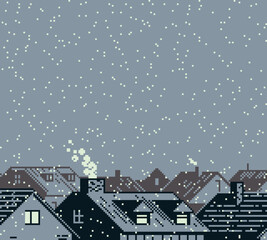 Pixel art winter town background with snowy rooftops and falling snow. Retro 8-bit style creates cozy seasonal atmosphere for game levels, menus, cutscenes and holiday scenes.
