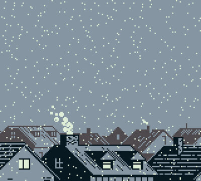 Pixel art winter town background with snowy rooftops and falling snow. Retro 8-bit style creates cozy seasonal atmosphere for game levels, menus, cutscenes and holiday scenes.
