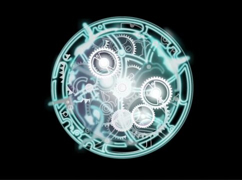Animation of a clock gear cog mechanism with illuminating glow light