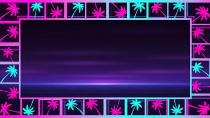 Retro Neon Palm Tree Border with Abstract Gradient Background.