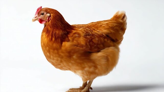 Golden feathered hen standing against white background