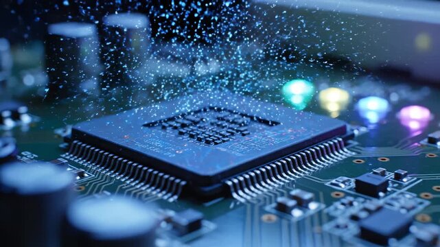 Closeup of a circuit board with glowing lights