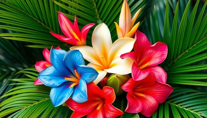 Obraz premium Vibrant tropical flower bouquet with exotic palm leaves, ideal for wedding invitations, texture, vibrant