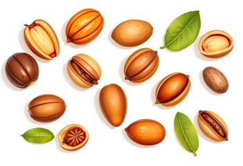 Natural Brown Nuts and Seeds with Green Leaves Isolated on White Background