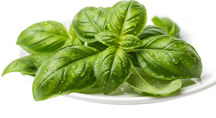 Fototapeta premium Fresh green basil leaves with water droplets presented on a white plate on transparent background.