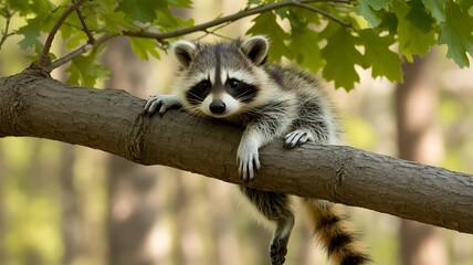Fototapeta premium Curious Raccoon in Forest Clinging to Tree Branch Nature Wildlife
