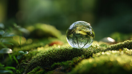 Szklana kula symbolizująca zrównoważony rozwój w zielonym lesie