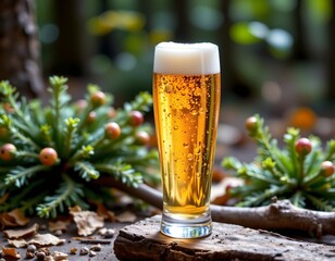 Golden Beer Frosted Glass with Forest Backdrop