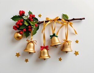 Festive Gold Bells with Berries and Greenery White Background