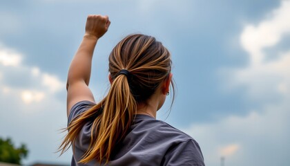 Empowered Woman Raising Fist Against Calm
