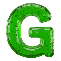 A large, bright green translucent letter g with water droplets on its surface, isolated on a white/Transparent background for design and typography use