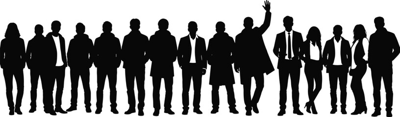 Large group of business people silhouettes standing together isolated on white background, professional teamwork, leadership concept, diversity, corporate community