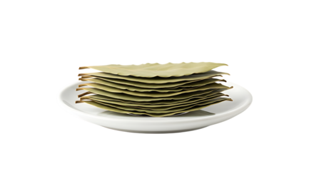 A neat stack of green tea leaves presented on a small white ceramic dish on transparent background.