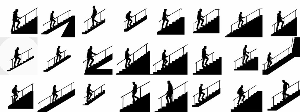 Diverse collection of black silhouettes illustrating people walking up and down various staircases with handrails, representing effort, ascent, and descent.