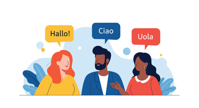 People communicating in different languages creating a global connection and understanding.