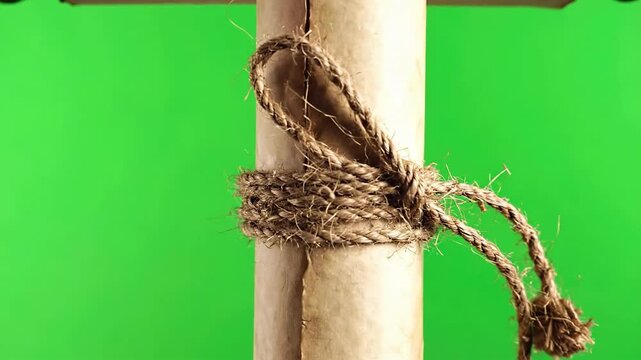 Antique Scroll Secured With Twine On A Chromakey Green Background With Wooden End Caps And A Textured Paper Surface