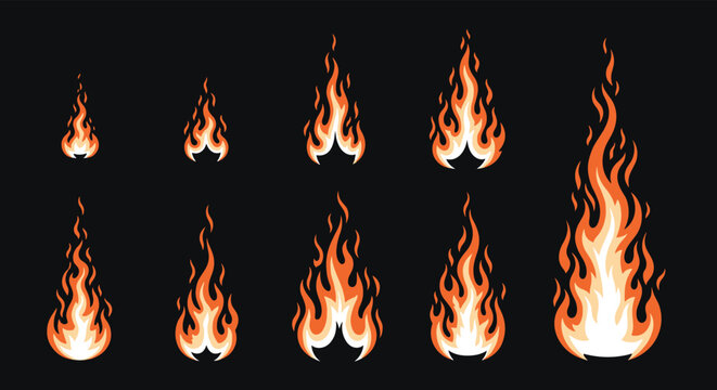 A collection of pixel art fire animations for game development.