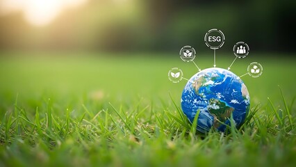 Planet Earth on Green Grass with ESG Icons, Sustainable Business and Ecology
