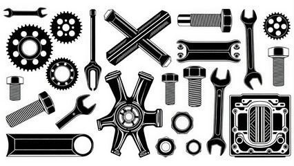 Industrial Mechanical Parts and Tools Collection for Engineering and Repair.