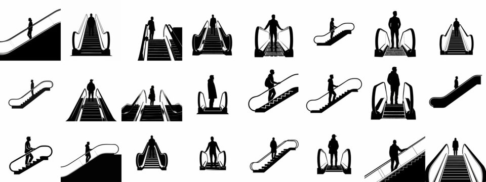 A comprehensive collection of black silhouette icons depicting diverse individuals riding or standing on various escalators and moving walkways, isolated on white.