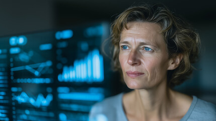 A focused professional woman examines intricate charts and graphs on her monitor, in a modern, technology-driven office, exuding intelligence, expertise and quiet confidence.