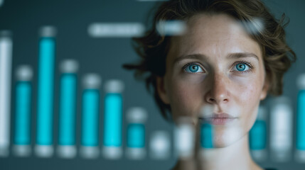 A data analyst, immersed in the digital realm, gazes thoughtfully at a dynamic display of data visualizations, embodying the power of technology in modern business.