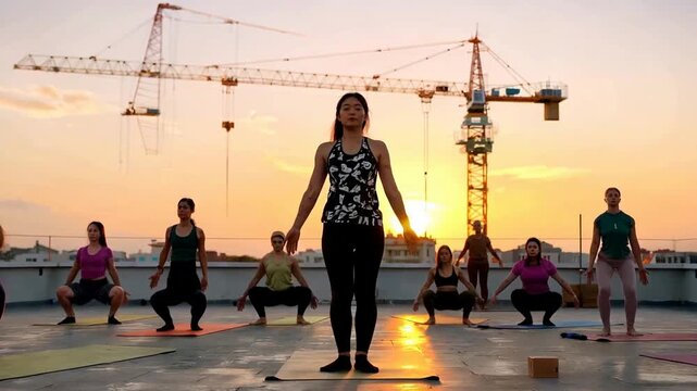 Yoga class on rooftop with sunset and construction cranes.