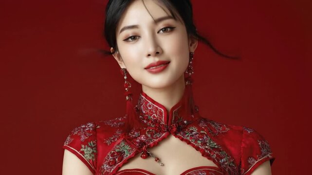 A woman in a red embroidered qipao with matching earrings against a red backdrop