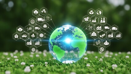 Sustainable Planet Earth Technology Network Icons  Green Energy Concepts on Nature Background